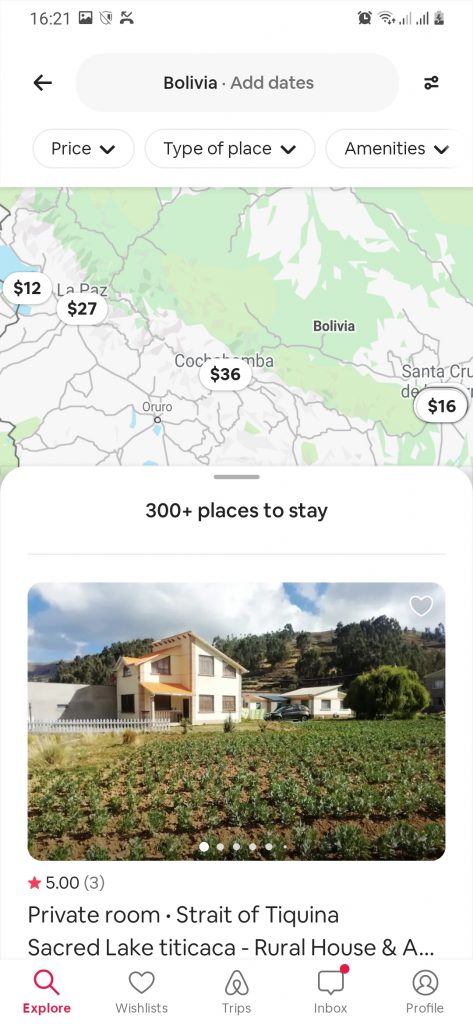 Airbnb app showing rentals and hosts available in Bolivia