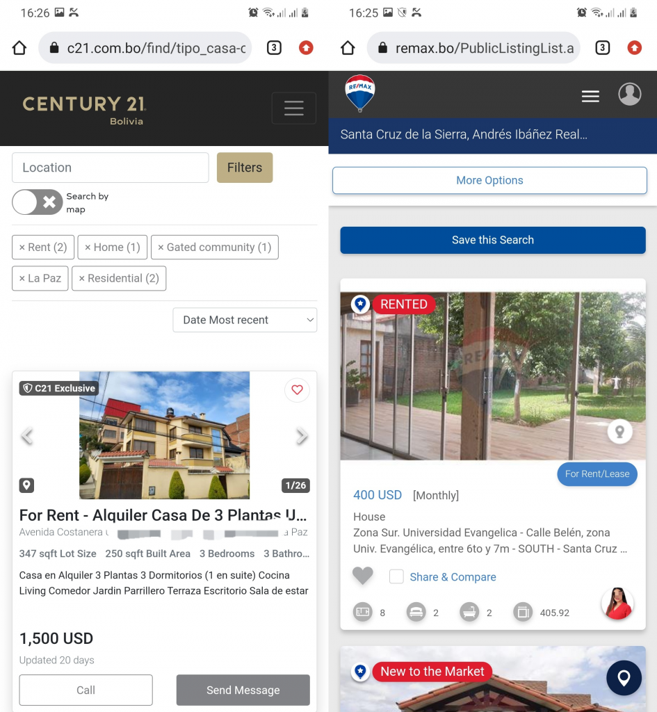 Century 21 and Remax rental listings for Bolivia