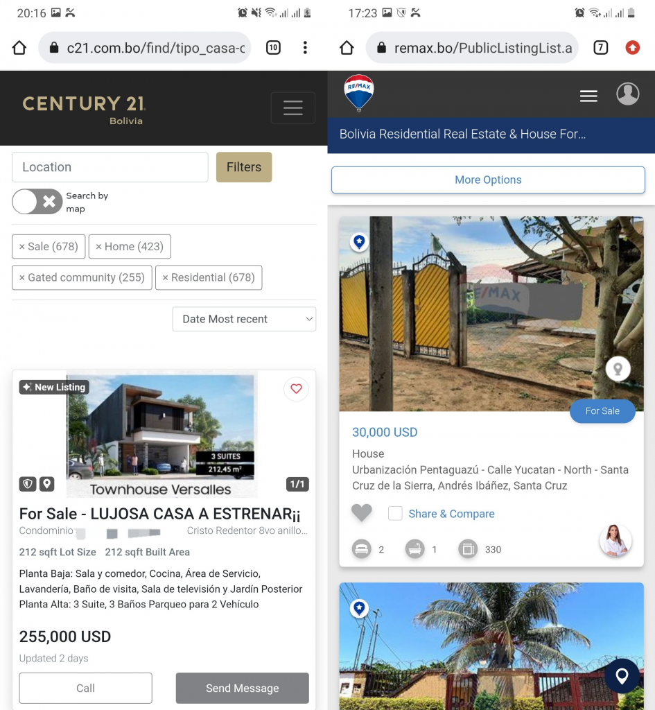 Century 21 and Remax with their house for sale listings for Bolivia