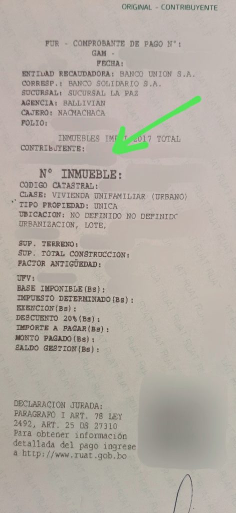 Example of a proof of payment for the property ownership tax in Bolivia