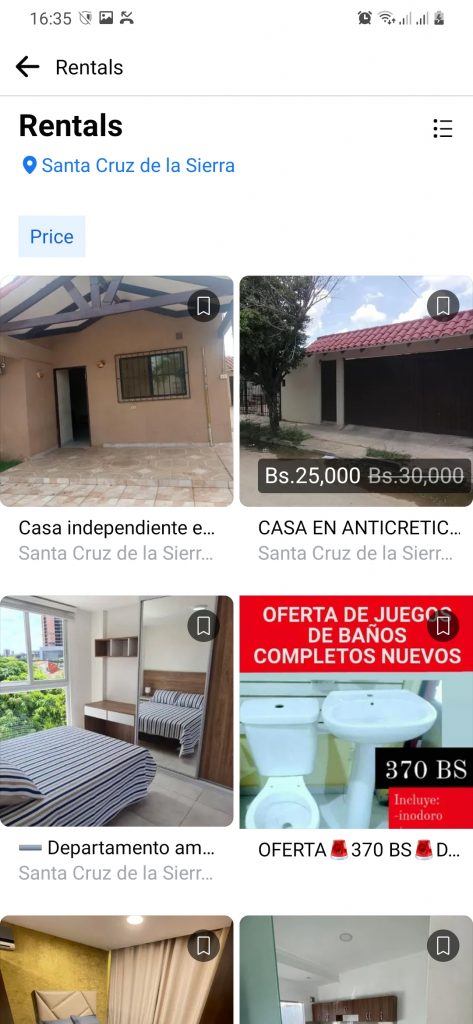 Facebook Marketplace and its home rental listings for Santa Cruz Bolivia