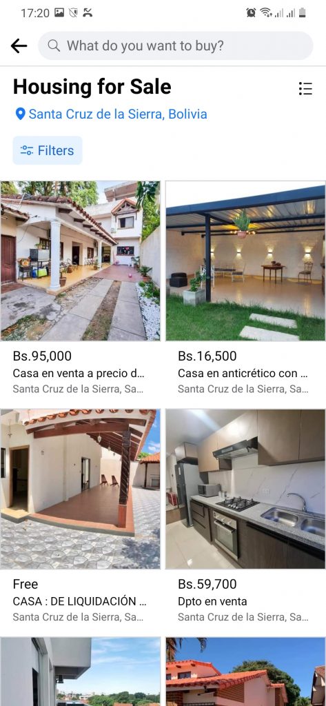 Facebook Marketplace showing houses por sale in Santa Cruz Bolivia