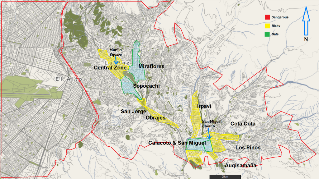 Map of safe risky and dangerous zones in La Paz and El Alto Bolivia
