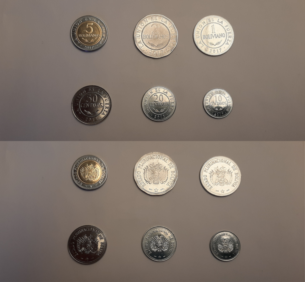 The current look of Bolivian coins front and back